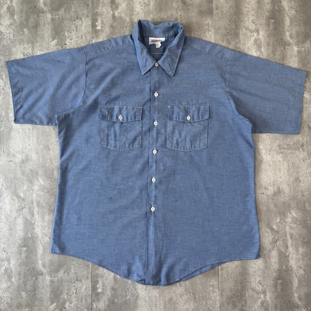 Vintage Dickies Work Shirt Mens XL Blue Chambray Short Sleeve Workwear 80s